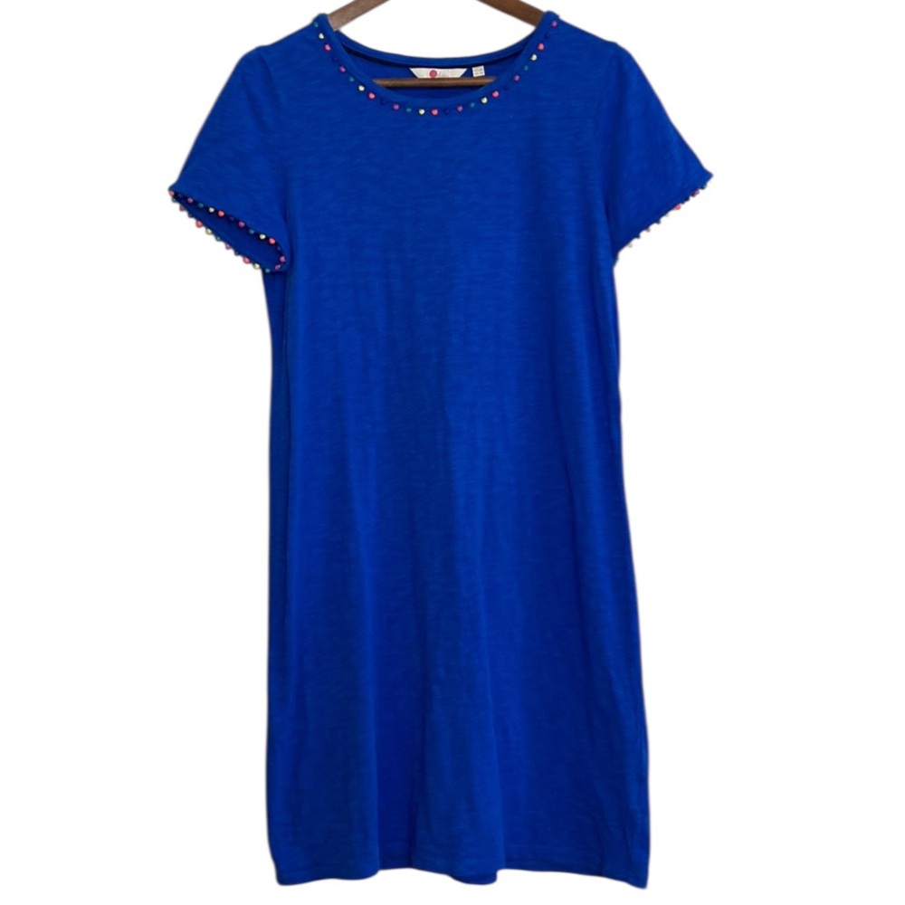 Boden Dress Womens 6 Blue Cotton Slub Short Sleeve T Shirt Rainbow Pom Pom Trim